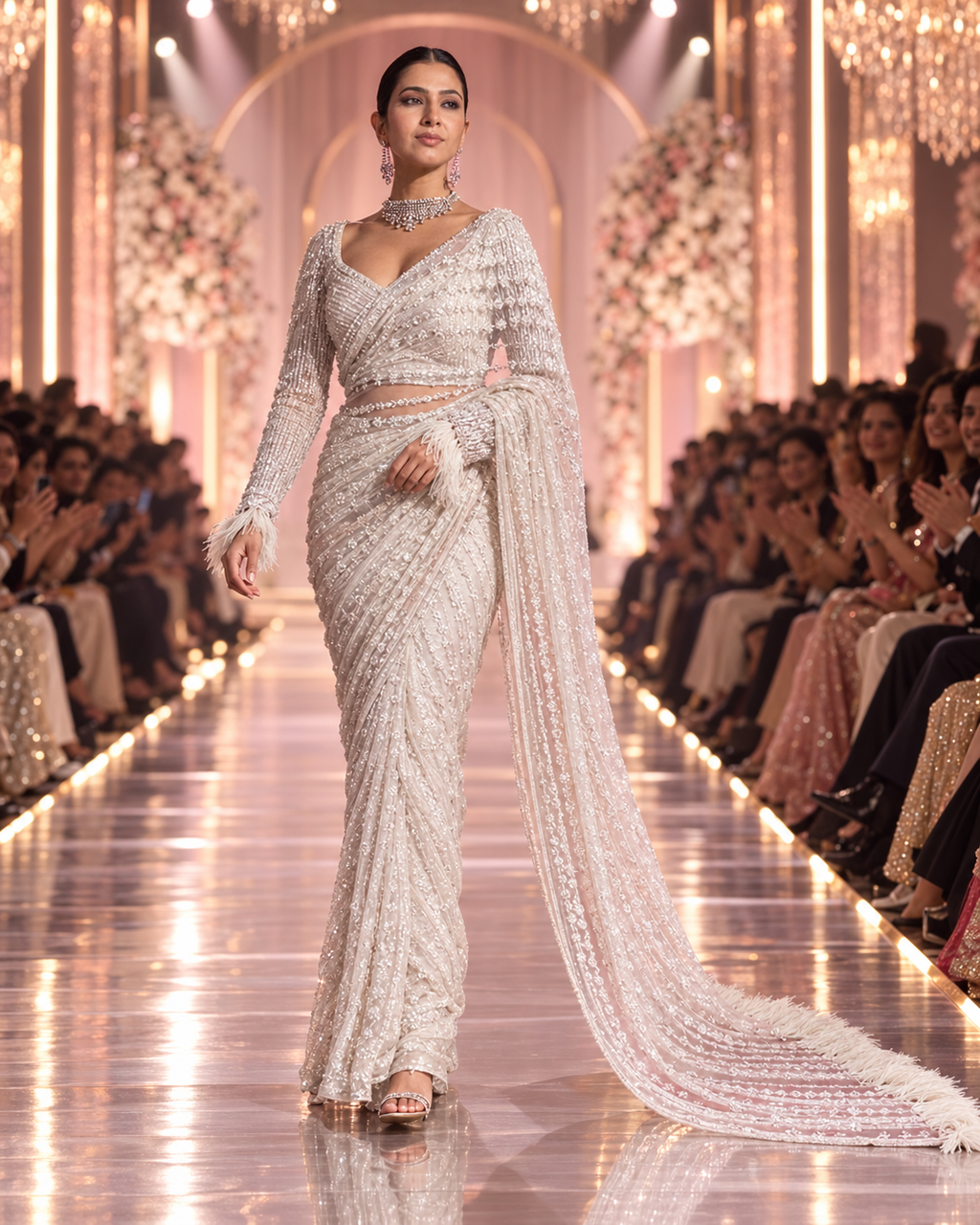 Glamourous Net Embroidery Work Saree With Unstitched Blouse(White)