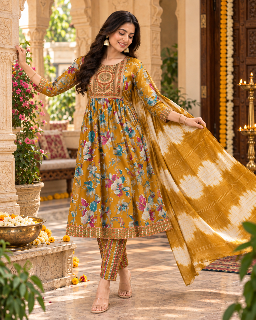 Cotton Kurti Pant Set With Dupatta(Yellow)