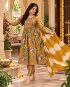 Cotton Kurti Pant Set With Dupatta(Yellow)