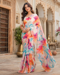 Satin Silk Printed Saree With Unstitched Blouse(Multicolor)