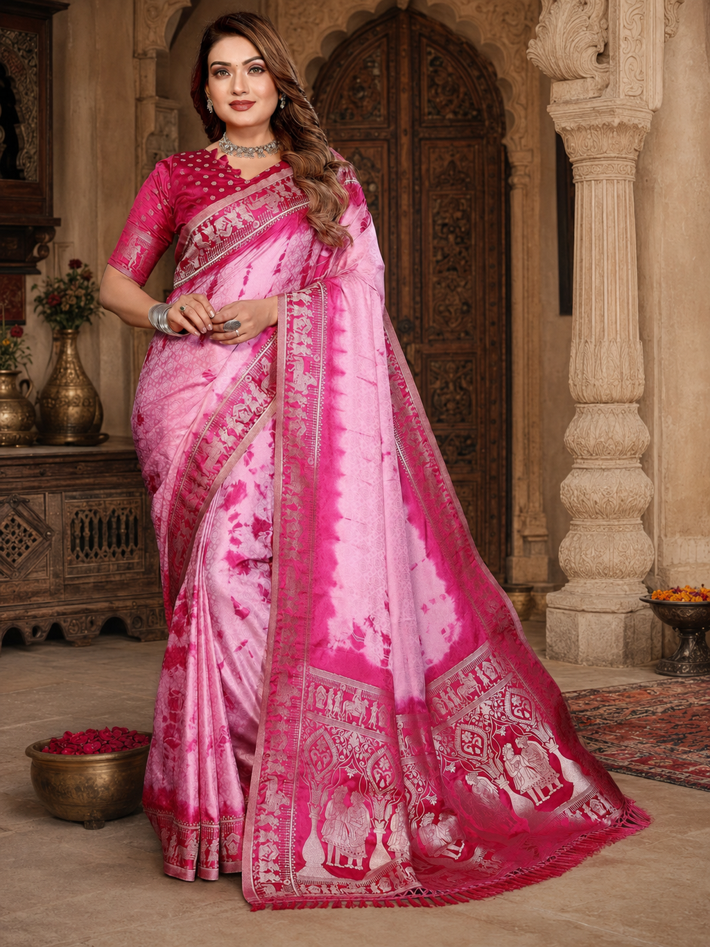 Satin Silk Bandhani Printed Saree With Unstitched Blouse(Pink)