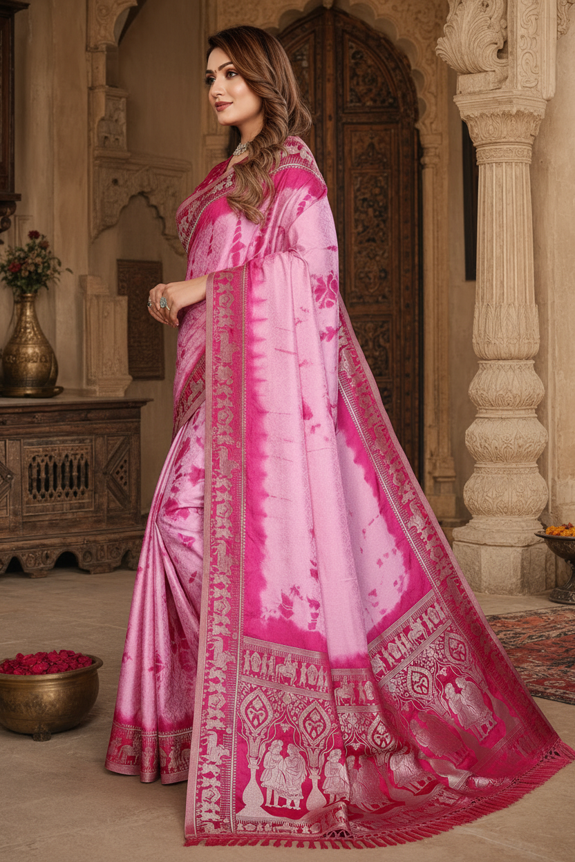 Satin Silk Bandhani Printed Saree With Unstitched Blouse(Pink)