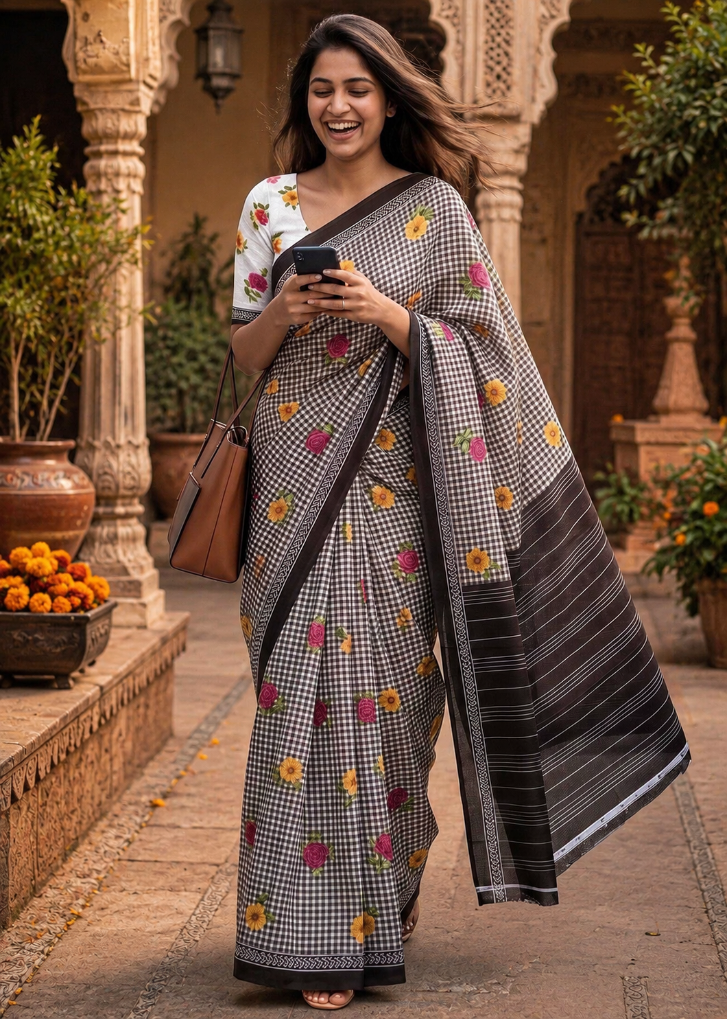 Soft Pure Mulmul Cotton Printed Saree With Unstitched Blouse(Black)