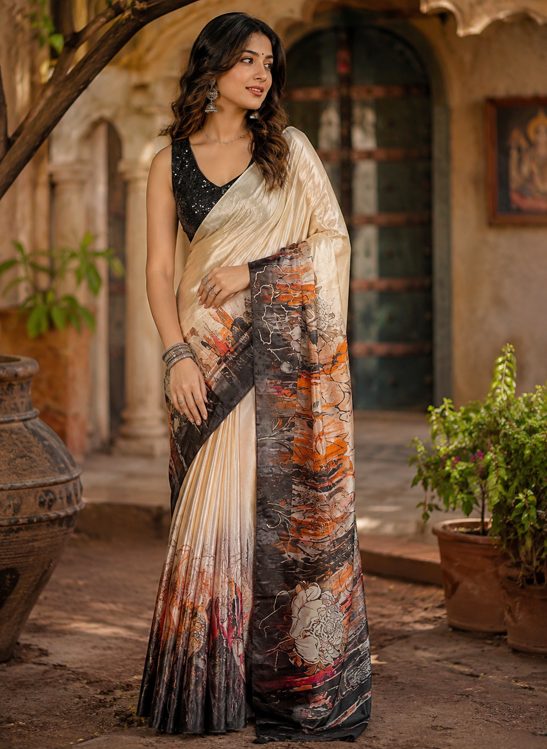 Crepe Silk Printed Saree With Unstitched Blouse(Cream)