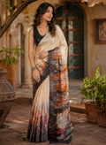 Crepe Silk Printed Saree With Unstitched Blouse(Cream)