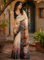 Crepe Silk Printed Saree With Unstitched Blouse(Cream)