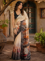 Load image into Gallery viewer, Crepe Silk Printed Saree With Unstitched Blouse(Cream)
