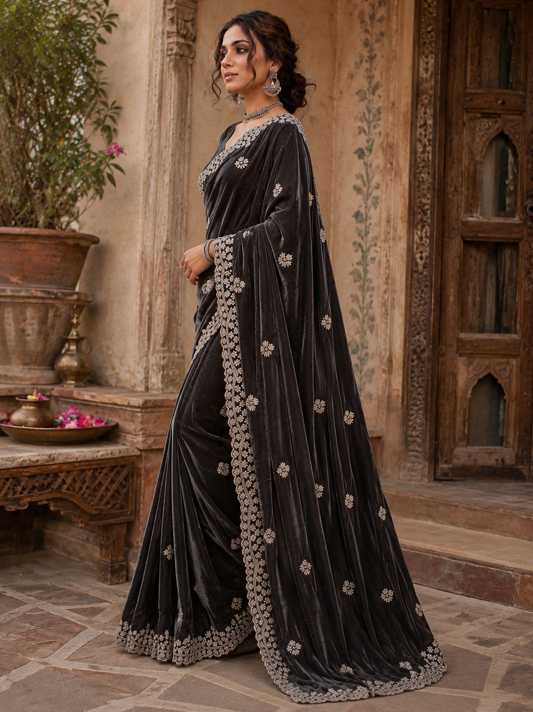 Space Silk Sequins Work Saree With Unstitched Blouse(Blue)