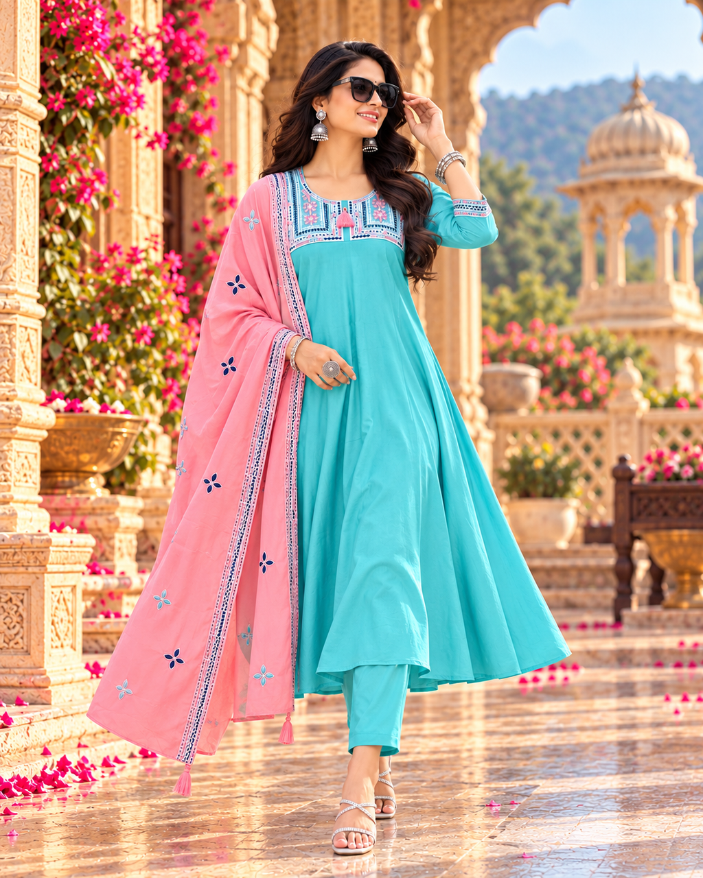 Roman Silk Embroidery Work Anarkali Kurti Pant Set With Dupatta(Sky)