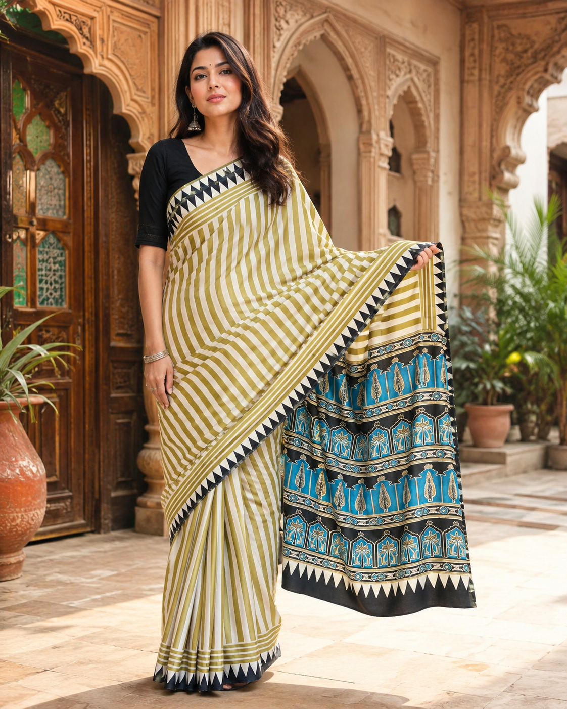 Satin Silk Ajrakh Printed Saree With Unstitched Blouse(Blue)