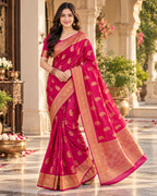 Fantasy Silk Traditional Buttas Copper Zari Weaving Saree With Unstitched Blouse(Rani)