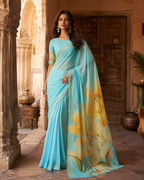 Georgette Digital Print Saree With Unstitched Blouse(Sky)