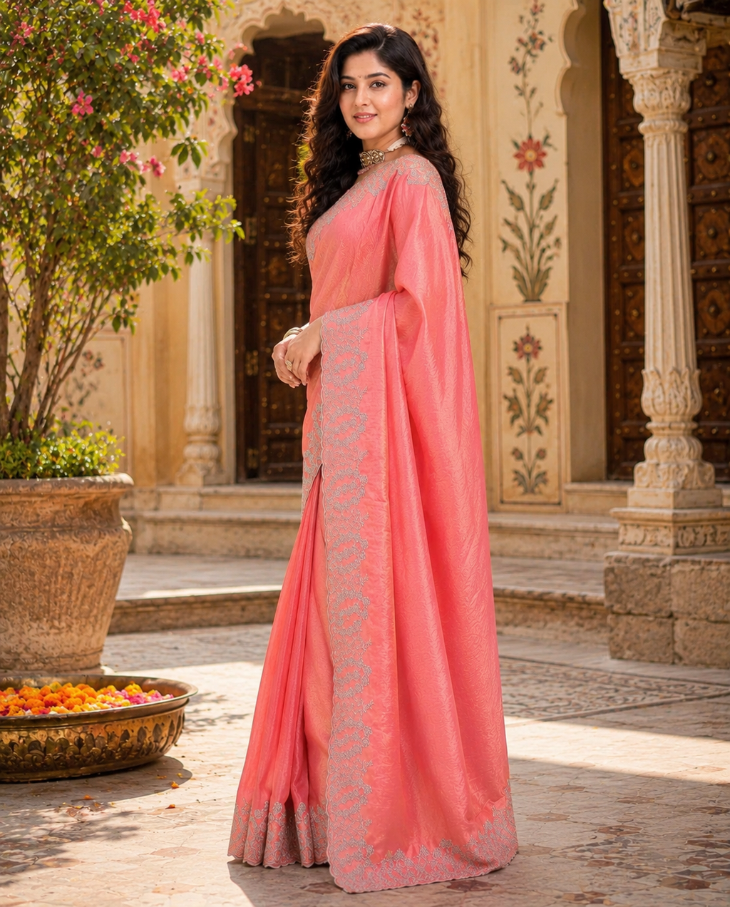 Satin Embroidery Work Saree With Unstitched Blouse(Pink)