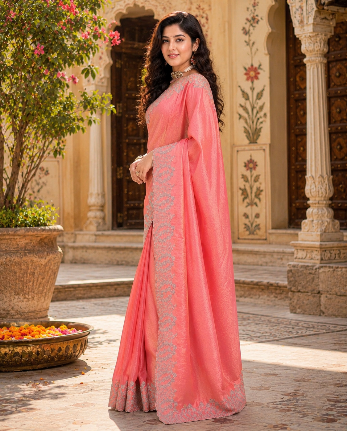 Satin Embroidery Work Saree With Unstitched Blouse(Pink)