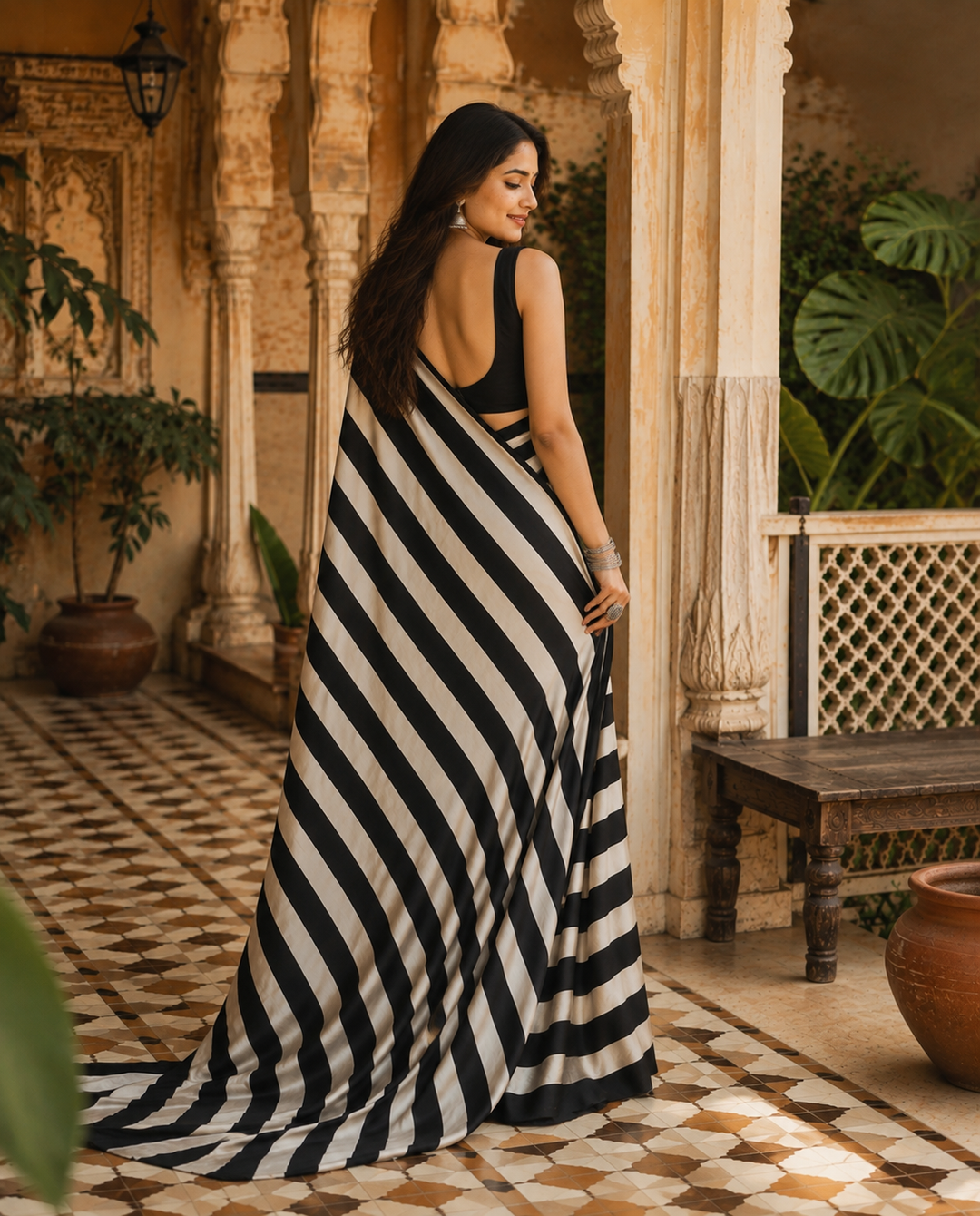 Pure Silk Ajrakh Print Saree With Unstitched Blouse(Black)