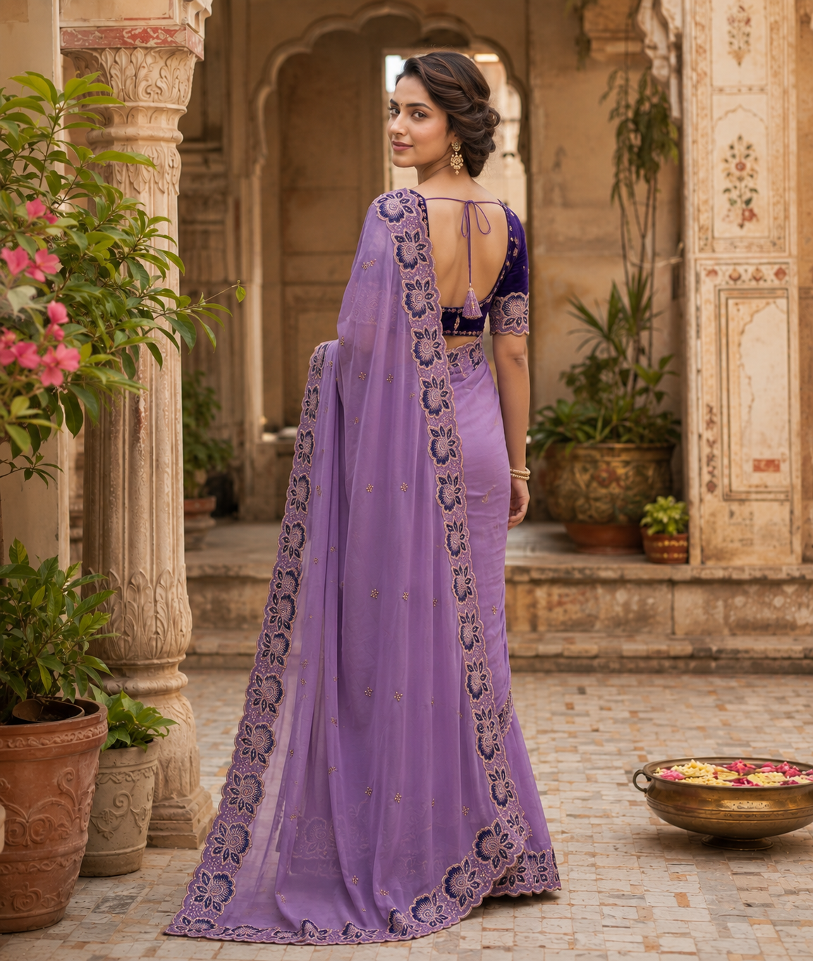 Georgette Multi Embroidery Work Saree With Unstitched Blouse(Lavender)