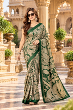 Premium Tussar Silk kalamkari Print Saree With Unstitched Blouse(Green)