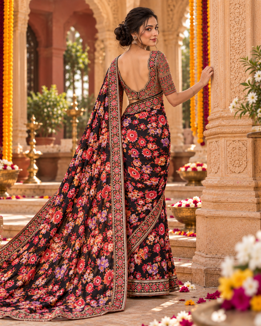 Premium Georgette Embroidery Work Saree With Unstitched Blouse(Black)