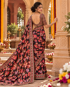 Premium Georgette Embroidery Work Saree With Unstitched Blouse(Black)
