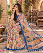 Tussar Silk Kalamkari Printed Saree With Unstitched Blouse(Blue)