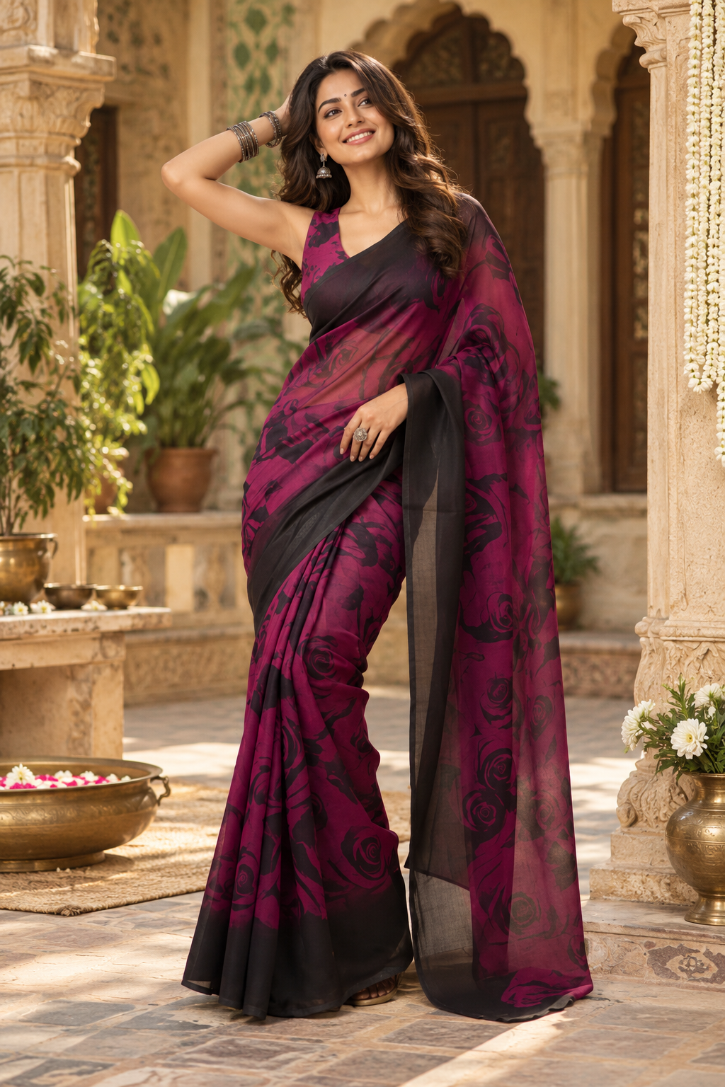 Chiffon Designer Print Saree With Unstitched Blouse(Wine)