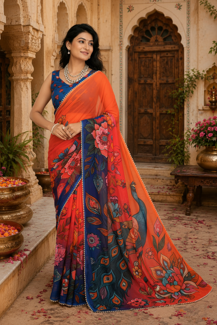 Georgette Printed Moti Lace Border Saree With Unstitched Blouse(Orange)