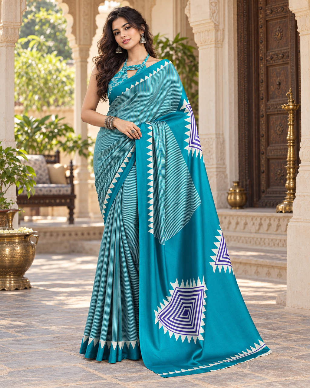 Satin Silk Ajrakh Printed Saree With Unstitched Blouse(Blue)
