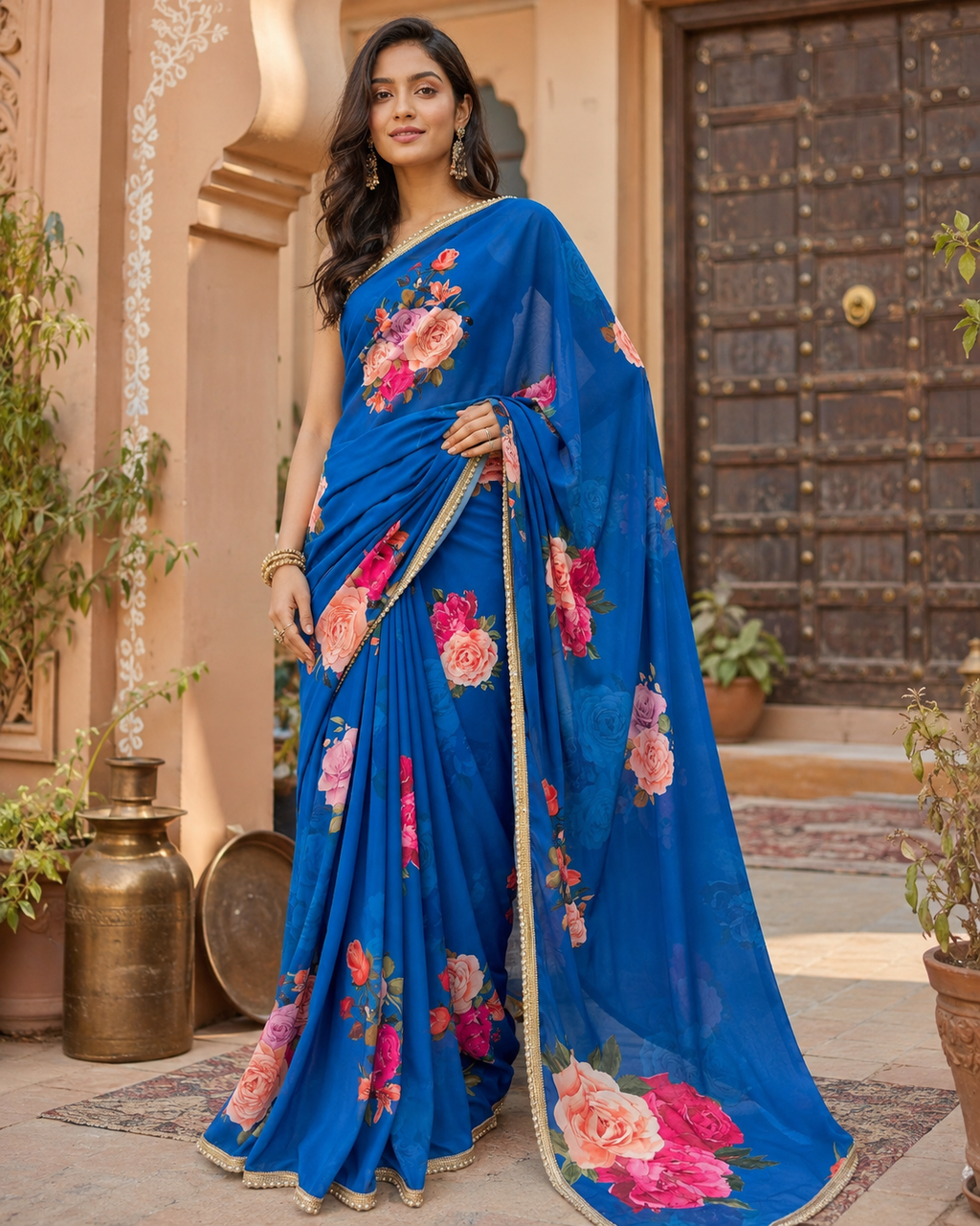 Georgette Floral Printed Saree With Unstitched Blouse(Blue)