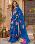 Georgette Floral Printed Saree With Unstitched Blouse(Blue)