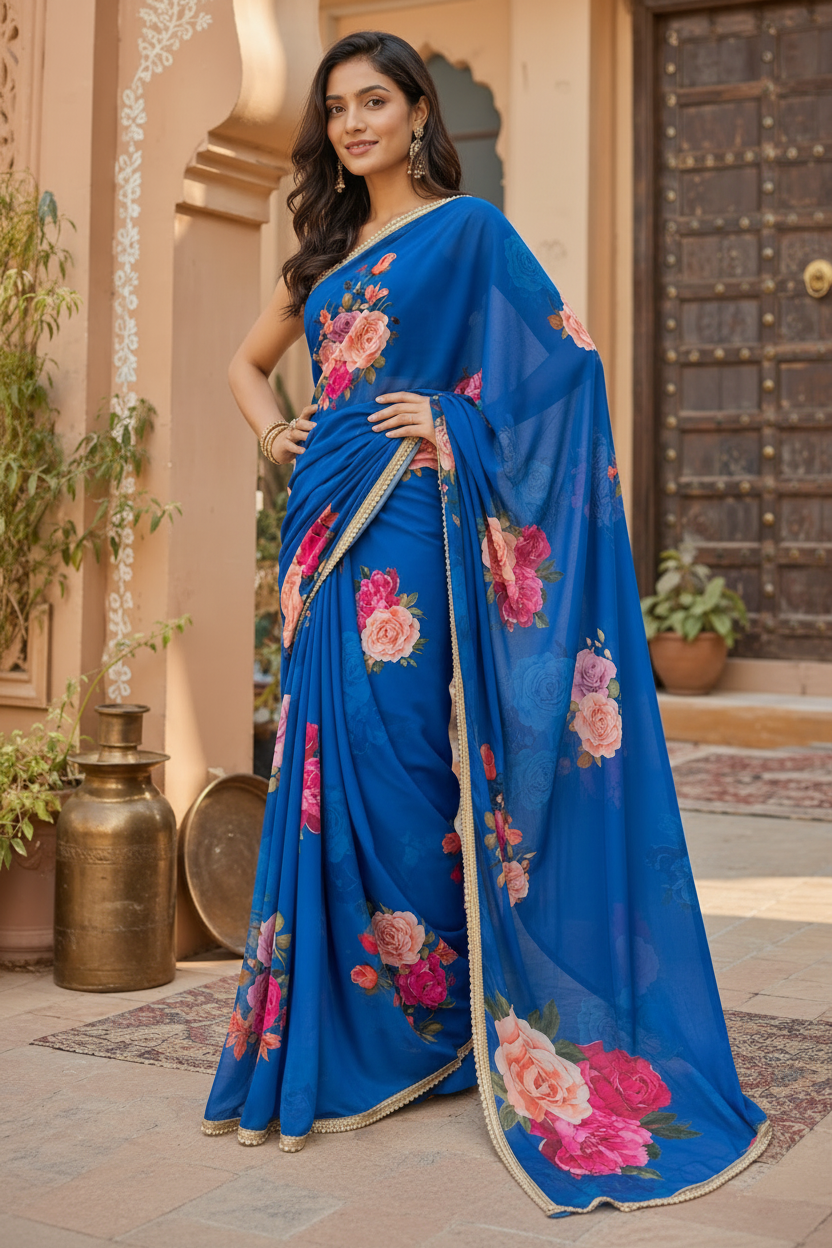 Georgette Floral Printed Saree With Unstitched Blouse(Blue)