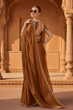 Premium Tissue Silk Embroidery Work Saree With Unstitched Blouse(Brown)