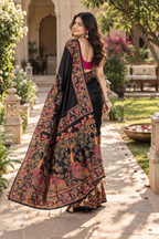 Premium Pashmina Kashmiri  Meenakari Weaves Tassels Saree (Black )