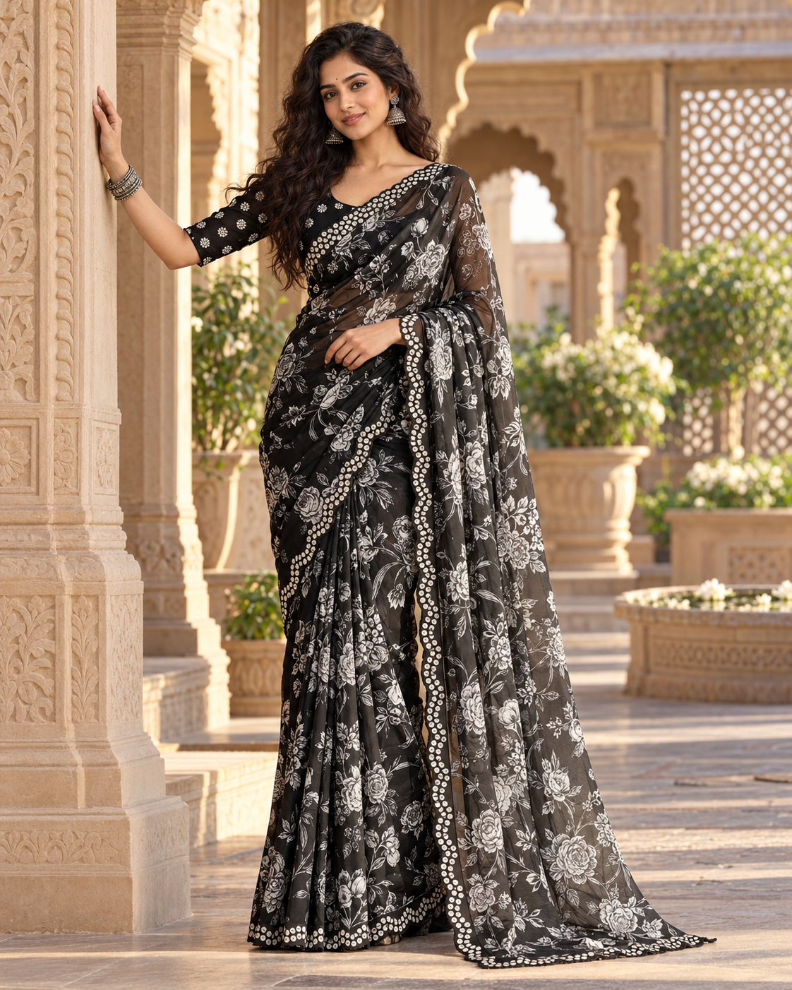 Premium Georgette Floral Digital Print Saree With Unstitched Blouse(Black)