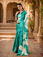 Satin Silk Ajrakh Printed Saree With Unstitched Blouse(Green)