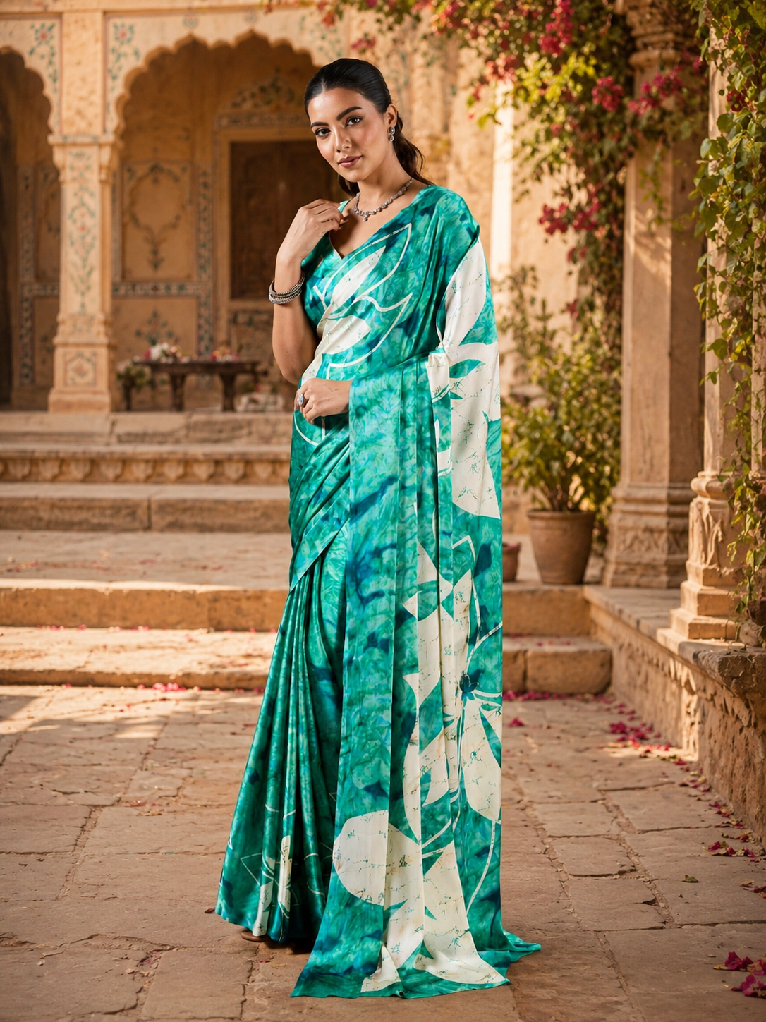 Satin Silk Ajrakh Printed Saree With Unstitched Blouse(Green)