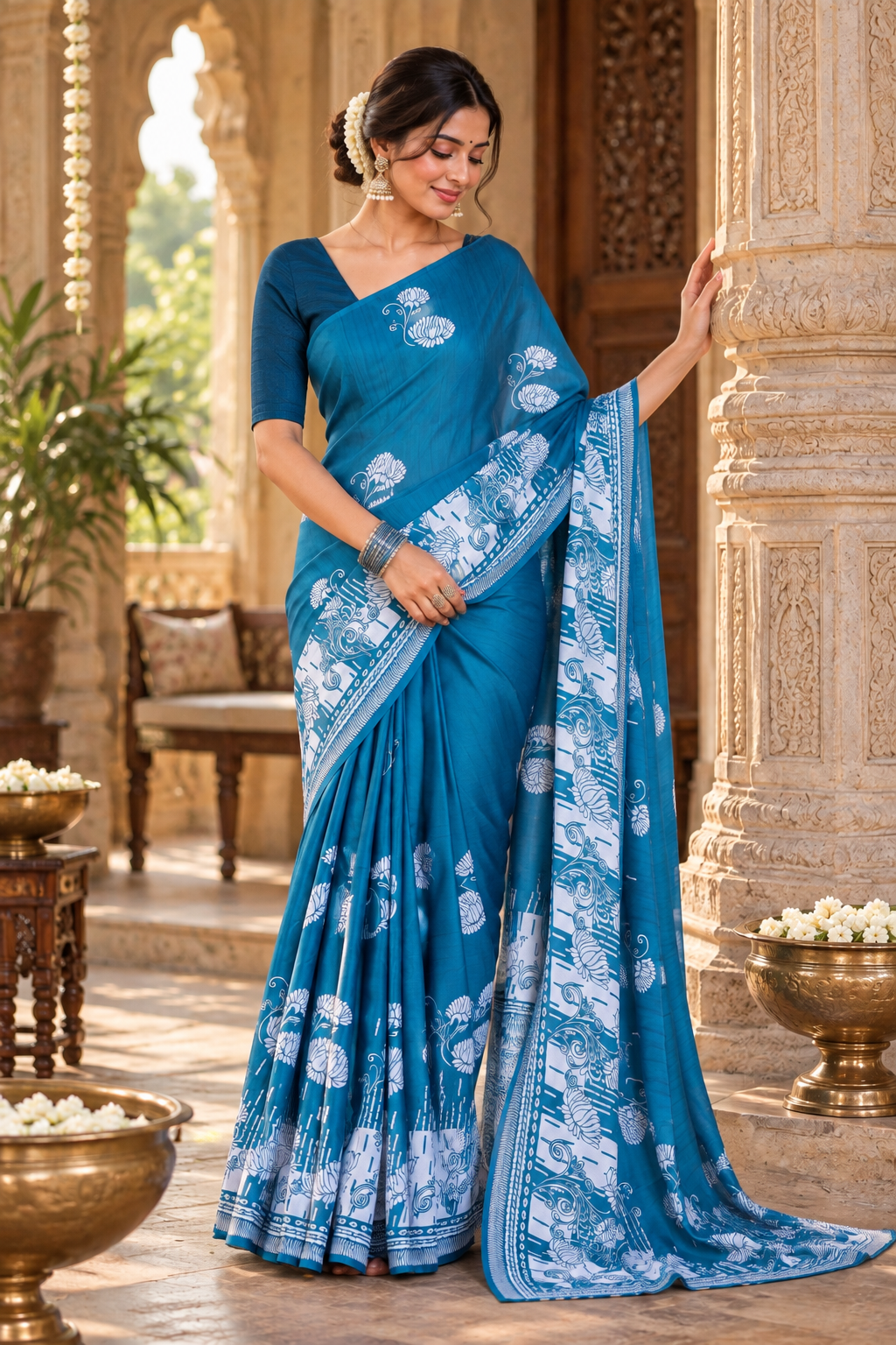 Satin Silk Printed Saree With Unstitched Blouse(Blue)