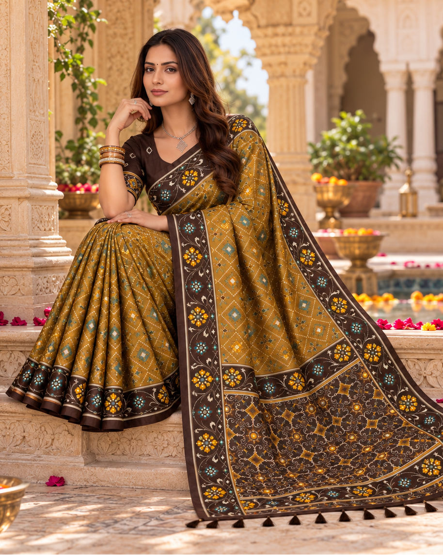 Patola Silk Rich Zari Work Saree With Unstitched Blouse(Rust)