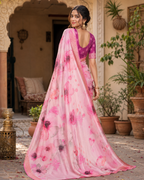 Tussar Silk Floral Printed Saree With Unstitched Blouse(Pink)
