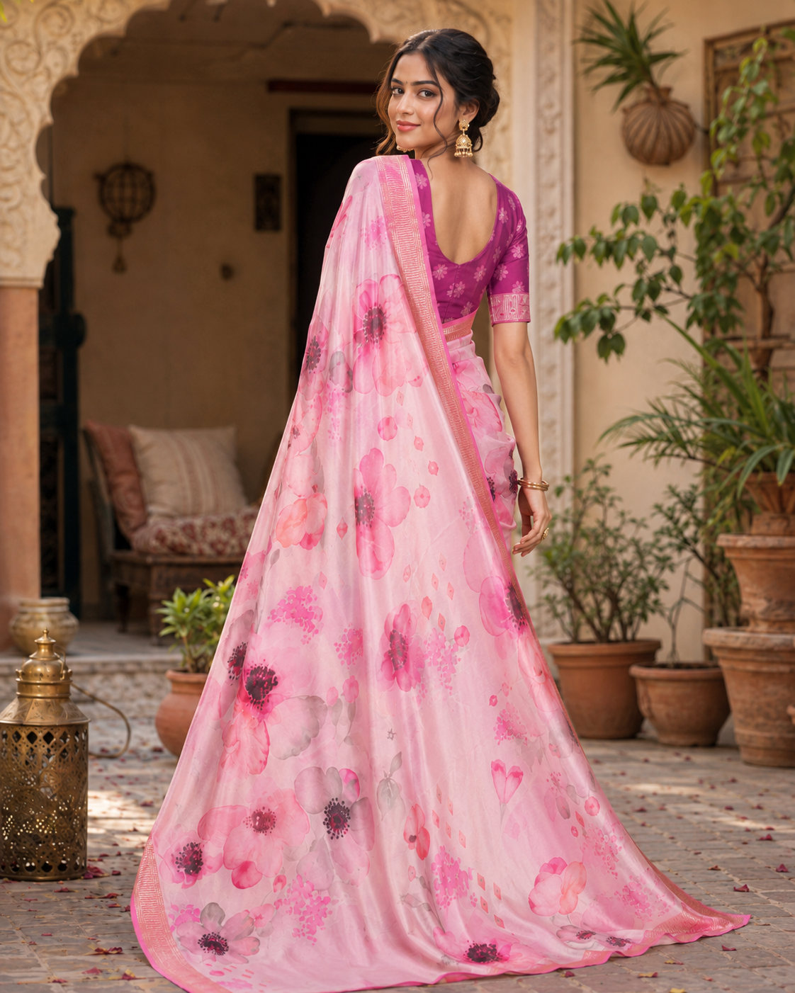 Tussar Silk Floral Printed Saree With Unstitched Blouse(Pink)