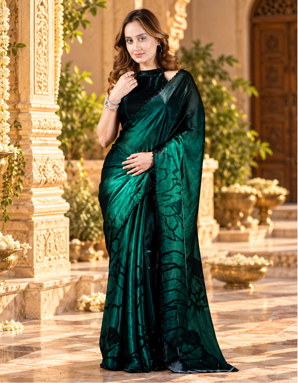 Soft Space Silk Zarkhan Border Work Saree With Unstitched Blouse(Bottle Green)