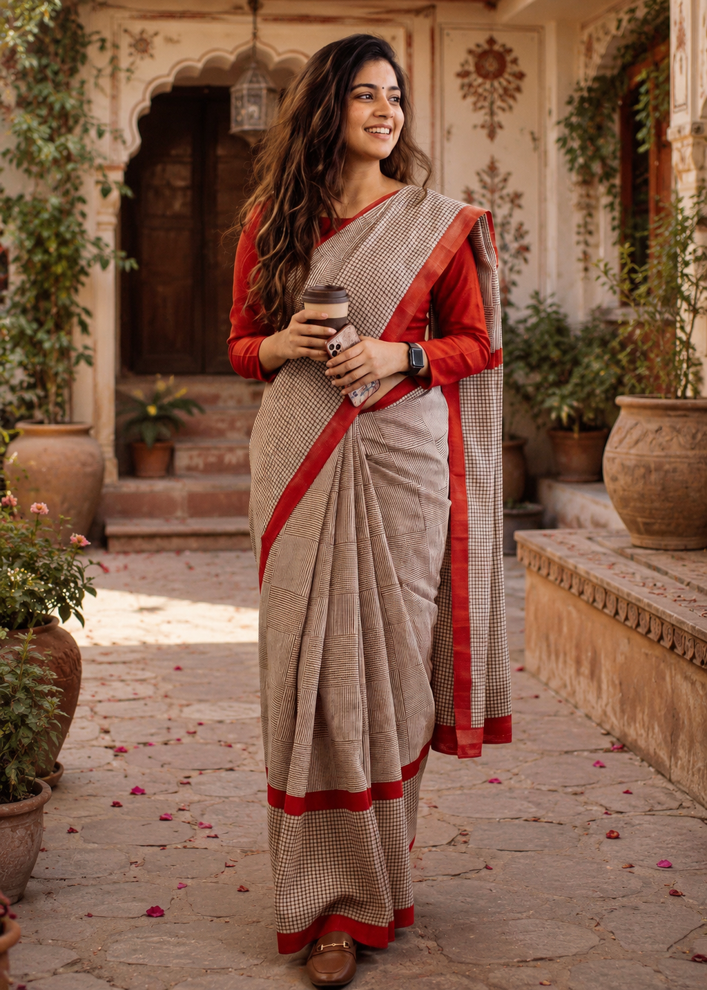 Mulmul Cotton Block Printed Saree With Unstitched Blouse(Red)