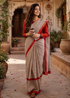 Mulmul Cotton Block Printed Saree With Unstitched Blouse(Red)