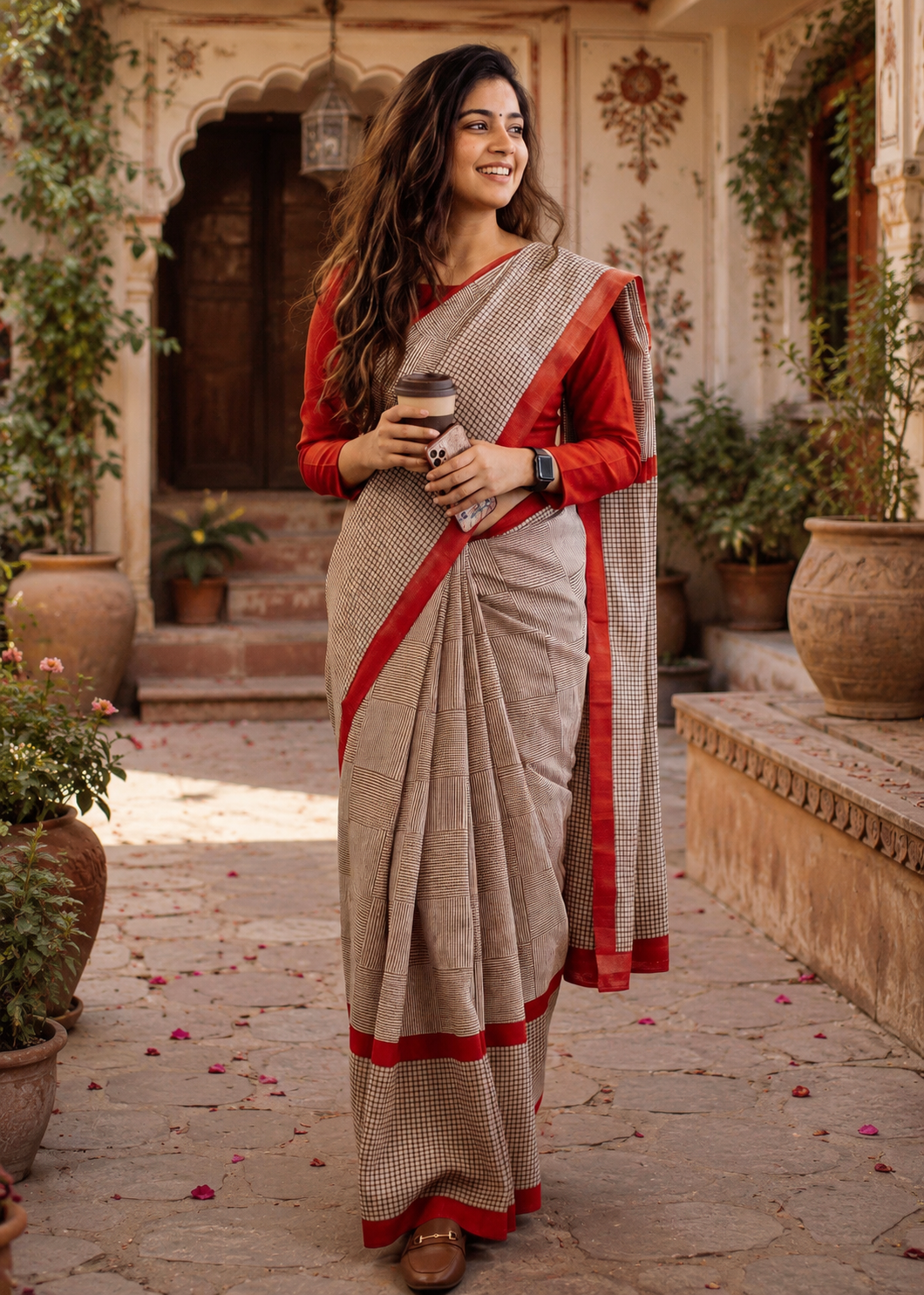Mulmul Cotton Block Printed Saree With Unstitched Blouse(Red)