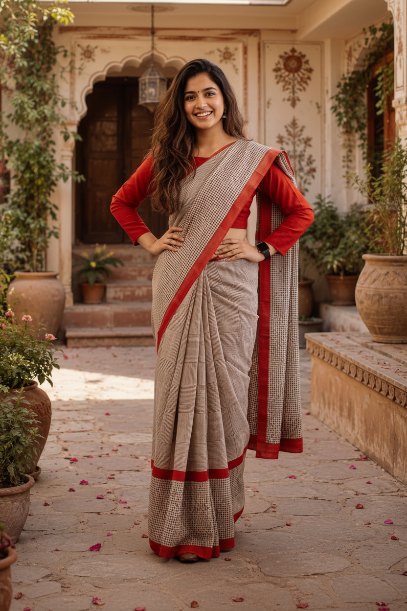 Mulmul Cotton Block Printed Saree With Unstitched Blouse(Red)