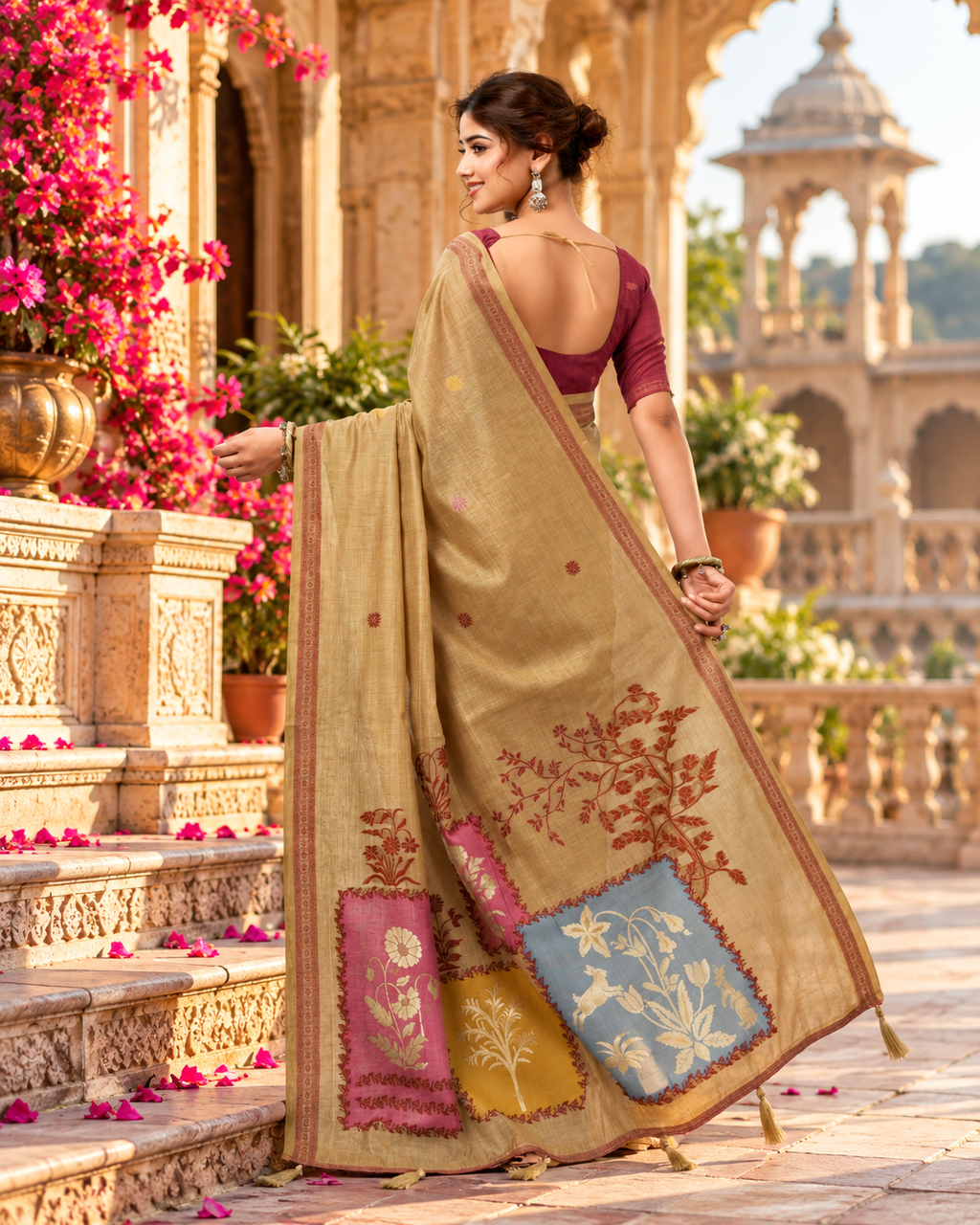 Premium Cotton Printed Saree With Unstitched Blouse(Beige)
