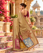 Premium Cotton Printed Saree With Unstitched Blouse(Beige)