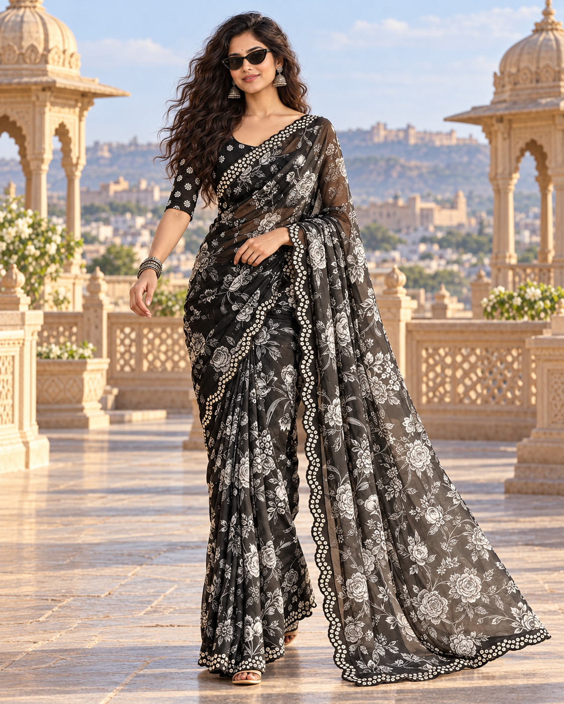Premium Georgette Floral Digital Print Saree With Unstitched Blouse(Black)