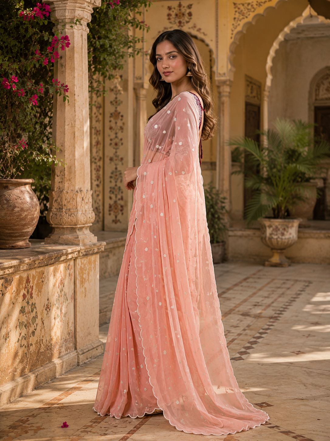 Georgette Embroidery Work Saree with Unstitched Blouse(Pink)