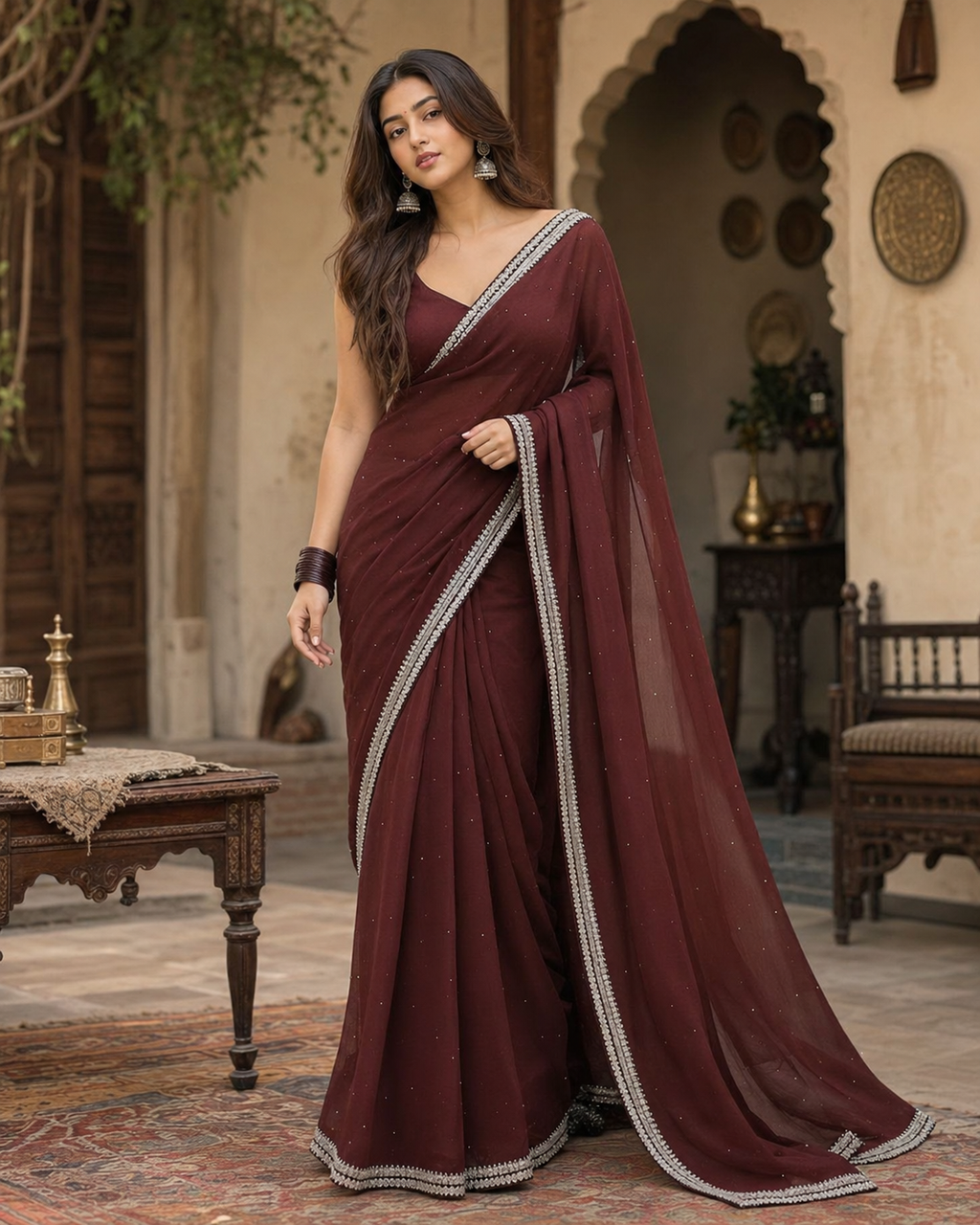 Organza Ready To Wear Saree With Unstitched Blouse(Maroon)
