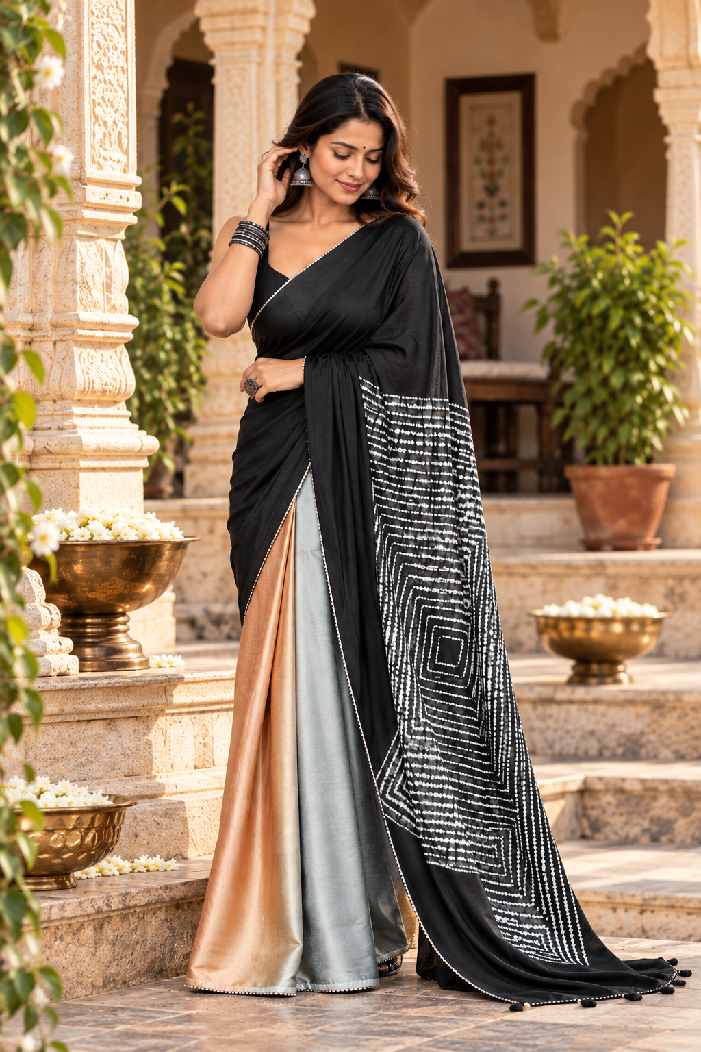 Pure Silk Digital Print Lace Patti Border Saree With Unstitched Blouse(Black Currant)